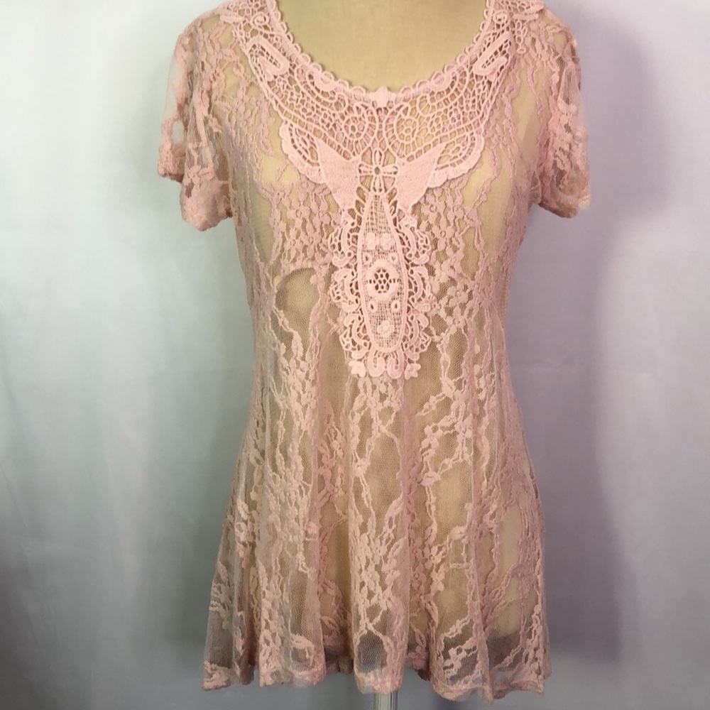 Lovely 153 Boho Pink Short Sleeve Lace Peplum Top Size M